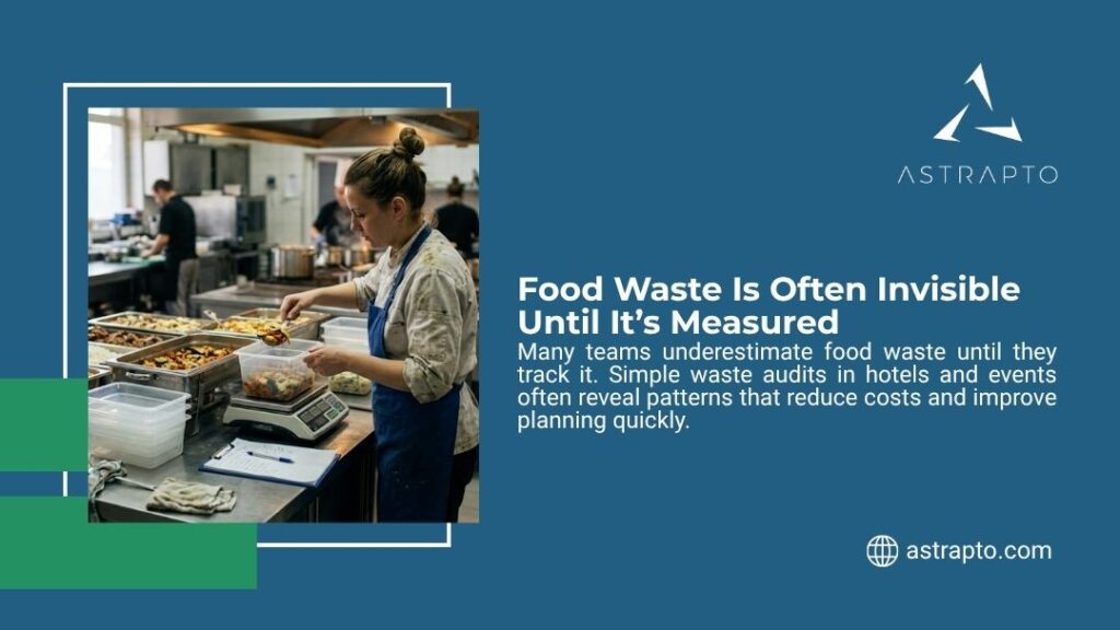 Kitchen worker weighing food waste on digital scale during audit. Astrapto graphic showing how food waste is often invisible until it’s measured.