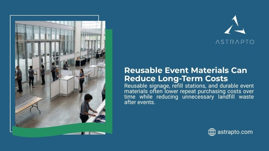 Astrapto graphic of an event hall setup with staff, featuring text about how using reusable event materials can reduce long-term costs and landfill waste.