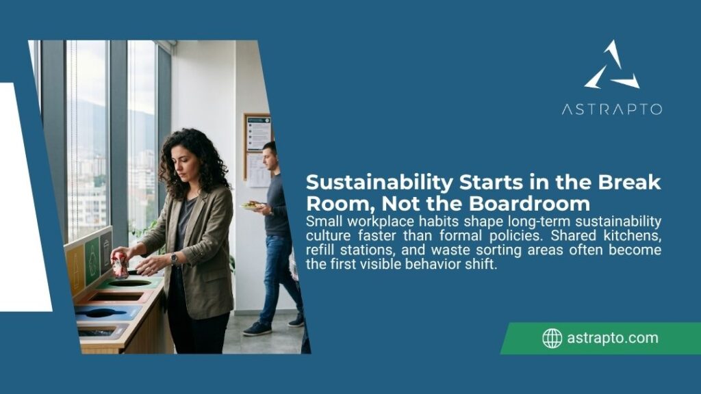 Woman sorting waste at office break room recycling station. Astrapto graphic showing sustainability starts in the break room, not the boardroom